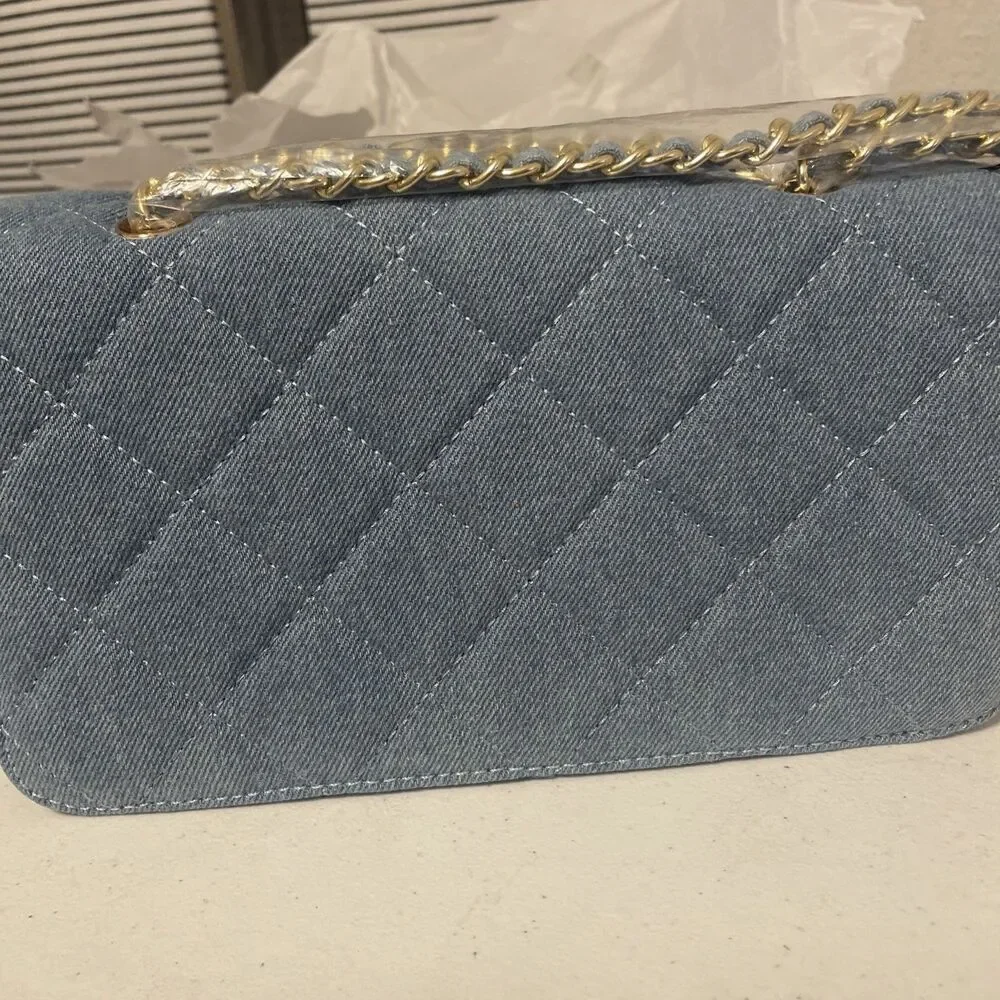 Badgley Mischka Quilted Blue Denim Crossbody Hand Bag Purse Gold Chain